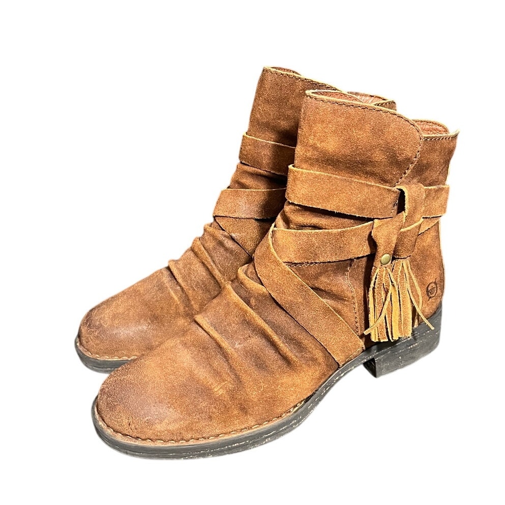 Born Women’s Eton Distressed Western Brown Shortie Booties Size 7m Ankle Fringe
